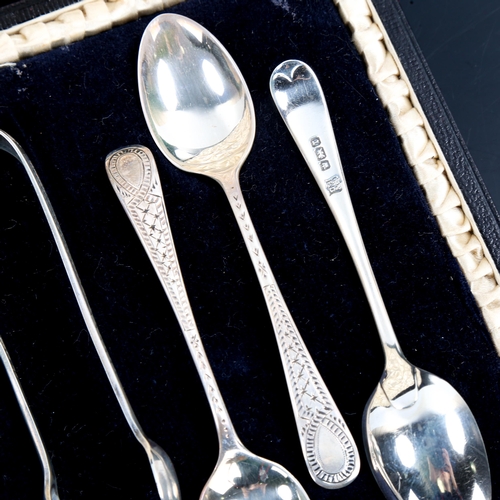 587 - A cased set of 6 silver teaspoons and a pair of matching sugar tongs, by Cooper Brothers & Sons Limi... 