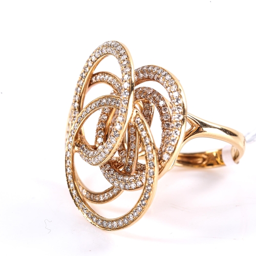 601 - A large modern 18ct rose gold diamond multi-hoop ring, set with round brilliant-cut diamonds, total ... 