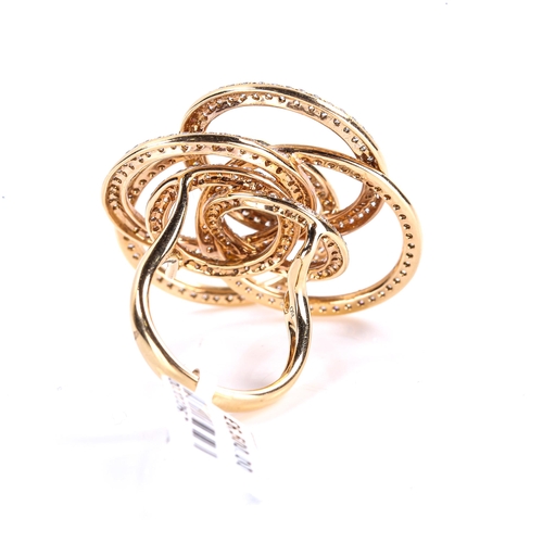 601 - A large modern 18ct rose gold diamond multi-hoop ring, set with round brilliant-cut diamonds, total ... 