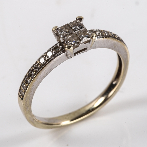 604 - A modern diamond cluster dress ring, set with Princess cut diamonds and round brilliant diamond shou... 