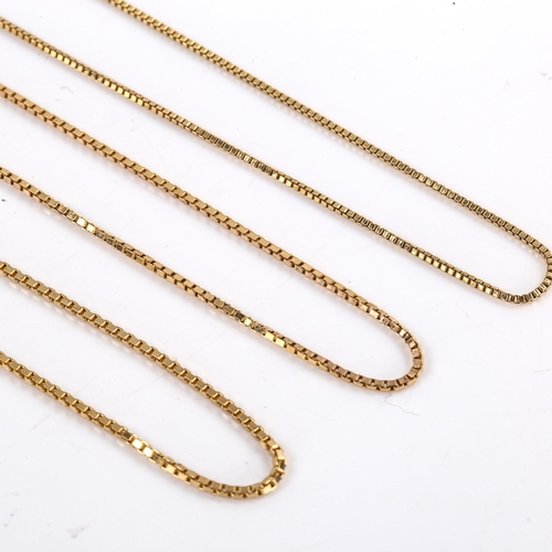 609 - 3 9ct gold box link chain necklaces, lengths 38cm, 54cm and 60cm, 8.9g total (3)