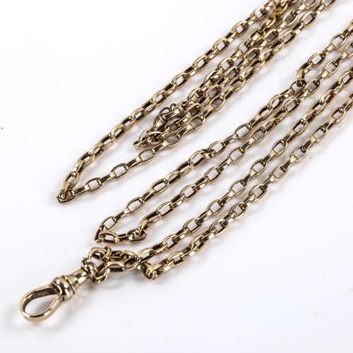 155 - A 19th century unmarked gold long guard chain, with dog clip, chain length 92cm, 11.8g