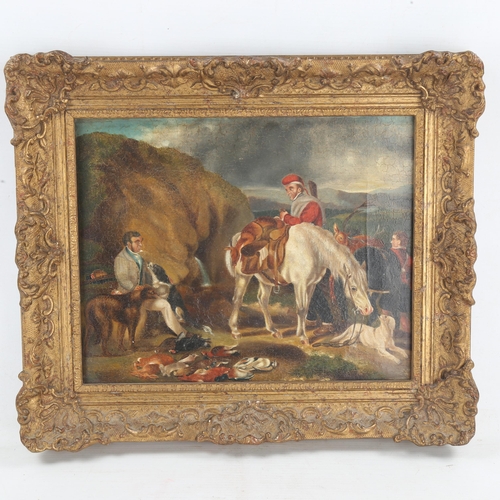 1852 - 19th Century oil on canvas hunting scene in gilt frame, unsigned, 9