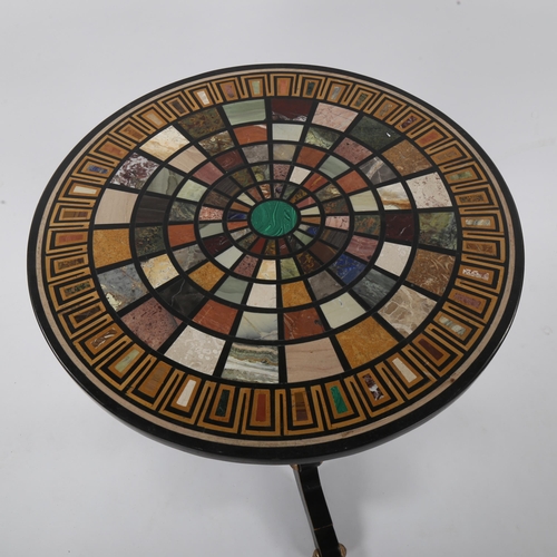 1062 - An Italian Pietra Dura specimen hardstone-topped circular centre table, on gilded and ebonised tripo... 