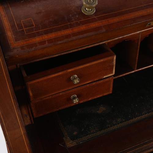 1477 - An Edwardian mahogany and satinwood cylinder-front writing desk, on tapered legs