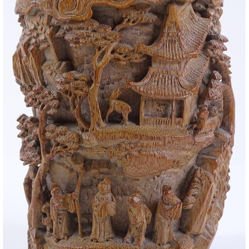 A3526 Old Chinese Bamboo Low Relief Mountain Village Scene Brush popular Pot