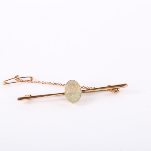 111 - An early 20th century 9ct gold opal bar brooch, set with oval cabochon opal, opal dimensions: 11.70m... 