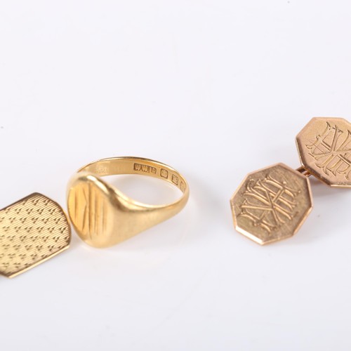 658 - Various gold jewellery, comprising 18ct signet ring (5.3g) and a pair of 9ct rose gold cufflinks (4.... 