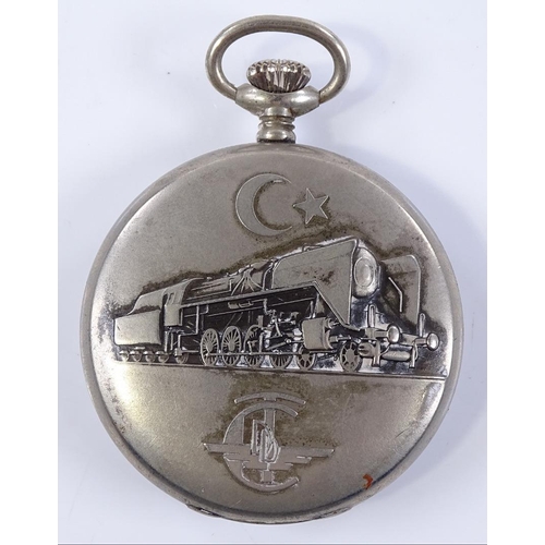 A Turkish open face top wind Golana railway design pocket watch steel case with 15 ruby movement an