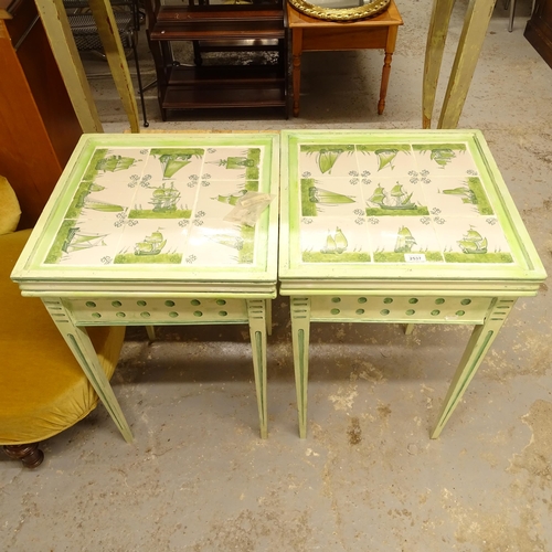 2537 - A pair of square painted lamp tables, with green Delft tile tops, W48cm, H74cm