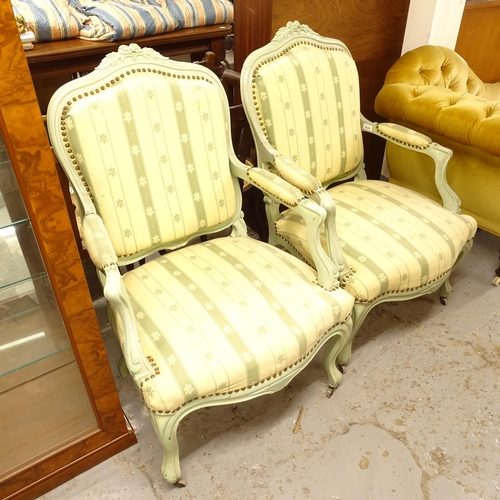 2539 - A pair of green painted and upholstered open-arm bedroom chairs