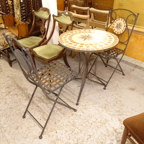 2544 - A mosaic-top circular garden table, together with a pair of matching folding chairs