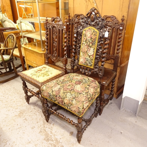 2547 - A set of 3 Victorian carved oak Carolean style hall chairs, and another (4)