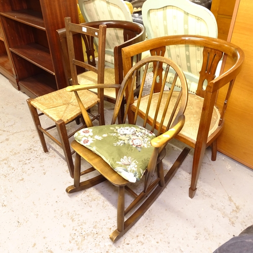 2549 - A pair of bow-arm hall chairs, a stick-back rocking chair, and another (4)