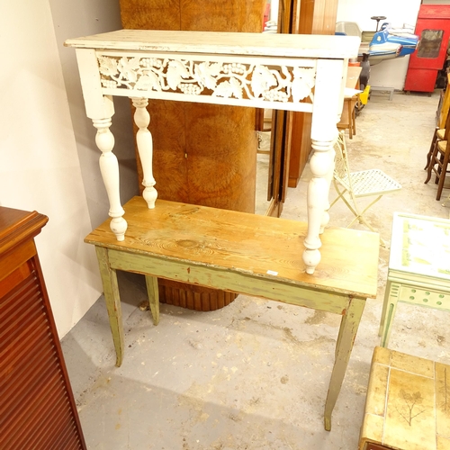 2552 - A rectangular painted and polished pine console table, W117cm, and a white painted pine rectangular ... 