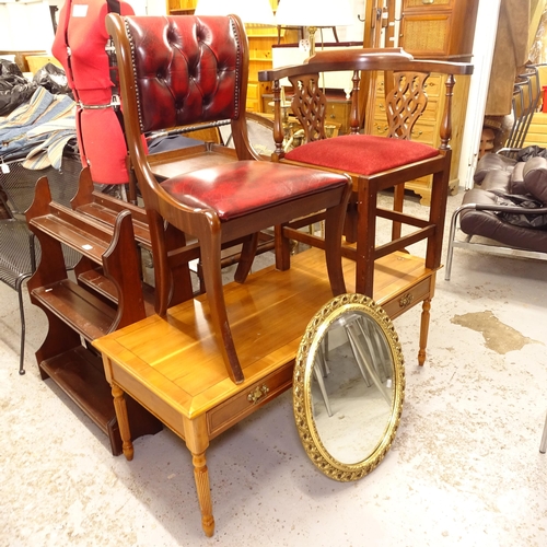 2556 - A yew wood rectangular coffee table, with 3 frieze drawers, a gilt-framed oval mirror, a mahogany co... 