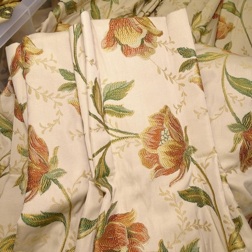 2563 - A pair of line curtains, cream ground floral decorated, L210cm, W370cm