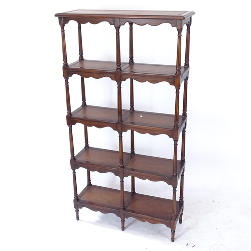 2073 - A mahogany 5-tier open bookcase/display shelves, on turned columns with leather skivers, W75cm, H141... 