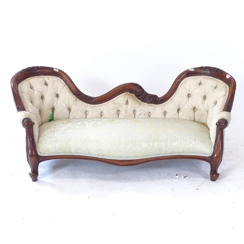 2077 - A carved mahogany-framed and button-back upholstered doll's settee, W112cm