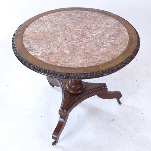 2079 - A 19th century mahogany centre table, the circular top with inset coloured marble centre, on a ring ... 