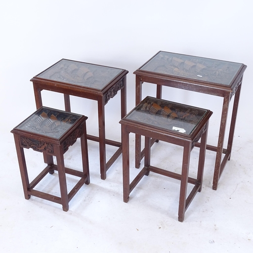 2084 - A quartetto of Chinese design occasional tables, with relief carved decoration, widest 52cm