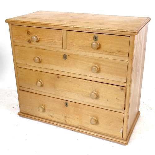 2091 - An Antique pine 5-drawer chest, W110cm, H95cm, D53cm (feet missing)