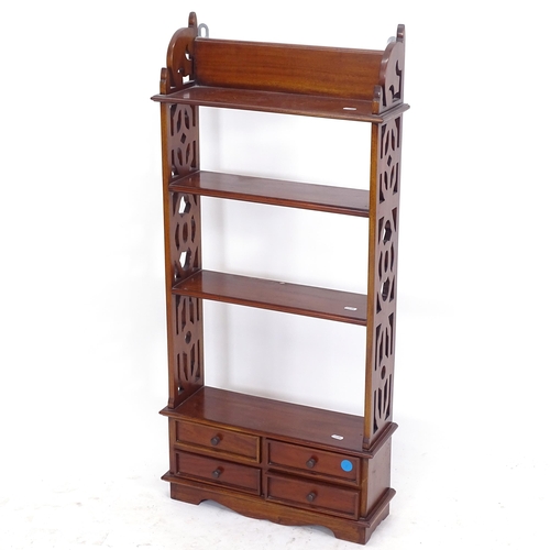 2095 - A reproduction mahogany 4-tier hanging shelf, with 4 short drawers under, W50cm, H107cm, D16cm