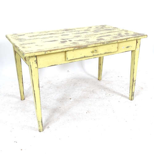 2098 - An Antique painted pine kitchen table, with single frieze drawer, on square tapered legs, L120cm, H7... 