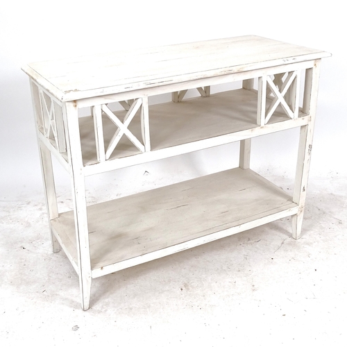 2099 - A white painted 3-tier side table, W104cm, H82cm, D46cm