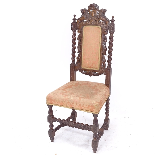 2102 - An Antique oak hall chair, with carved lion pediment and barley twist stretchers