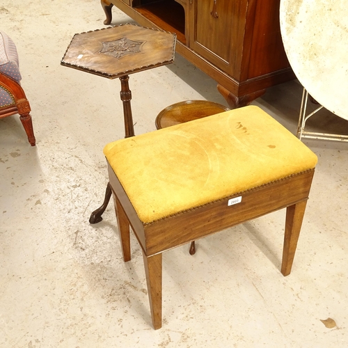 2603 - A suede-upholstered mahogany stool, a mahogany wine table on carved tripod base, and another (3)