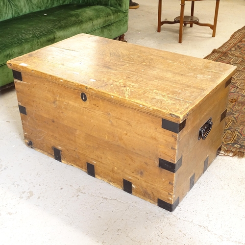 2628 - A Victorian pine and steel-bound chest, W92cm, H48cm, D54cm