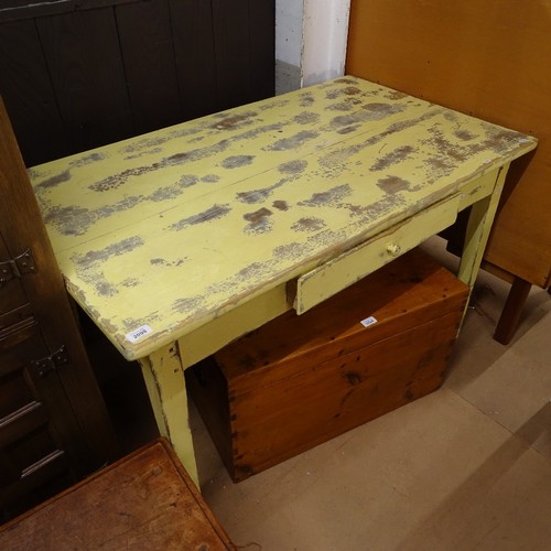 2098 - An Antique painted pine kitchen table, with single frieze drawer, on square tapered legs, L120cm, H7... 