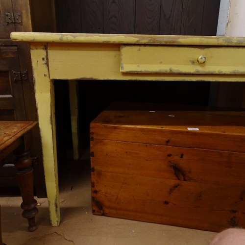 2098 - An Antique painted pine kitchen table, with single frieze drawer, on square tapered legs, L120cm, H7... 