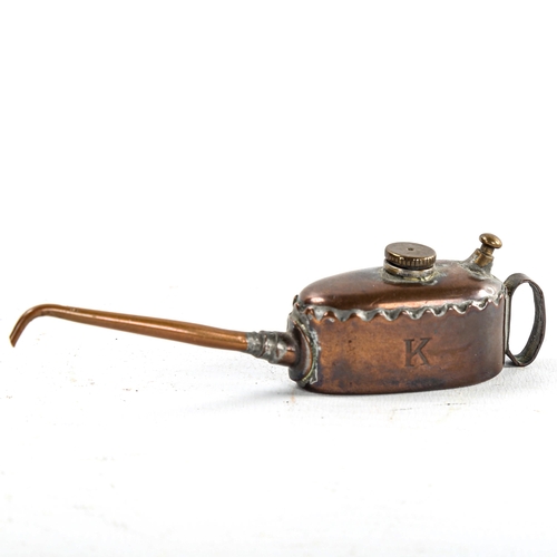 108 - A miniature Vintage copper oil can, possibly for a model stationary engine, length 10cm