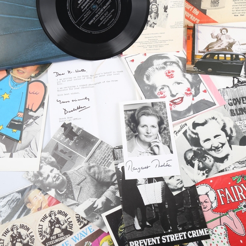 113 - A collection of Margaret Thatcher related ephemera, including a signed postcard, posters and various... 