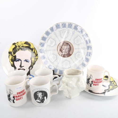 114 - A group of Margaret Thatcher related ceramics, including character mugs and plates