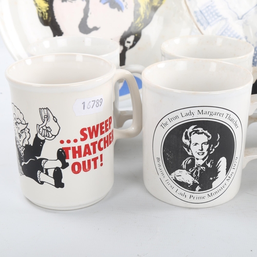 114 - A group of Margaret Thatcher related ceramics, including character mugs and plates