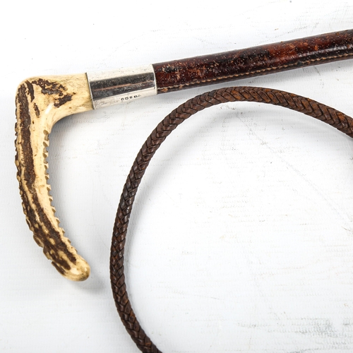 148 - A horn-handled and woven leather riding crop, with silver collar, dated 1939