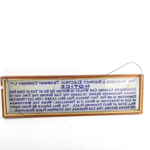 15 - The Hastings & District Electric Tramway Company Limited, acid etched opaque blue glass notice, earl... 