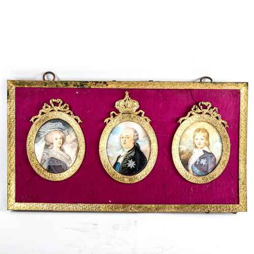 150 - A group of 3 miniature watercolour portraits of Royal figures, mounted in single gilt-metal mounted ... 