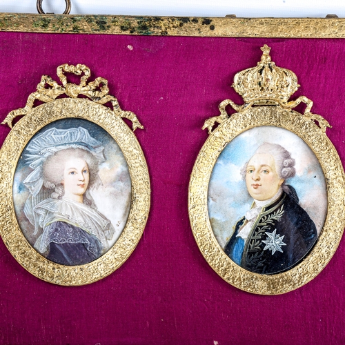 150 - A group of 3 miniature watercolour portraits of Royal figures, mounted in single gilt-metal mounted ... 