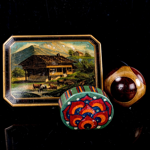 170 - A 19th century trinket box with printed Alpine scene lid, length 13.5cm, a Luzern specimen wood darn... 