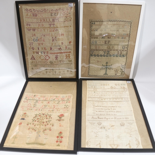 172 - 5 various 19th century needlework samplers, largest 39cm x 25cm, modern clip frames