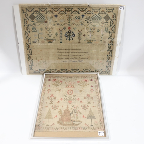 173 - A 19th century needlework sampler dated 1867, 30cm x 44cm, and an undated 19th century sampler depic... 