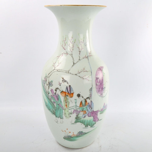 174 - A Chinese white glaze porcelain vase, hand painted ladies in gardens with lines of text, height 43cm... 