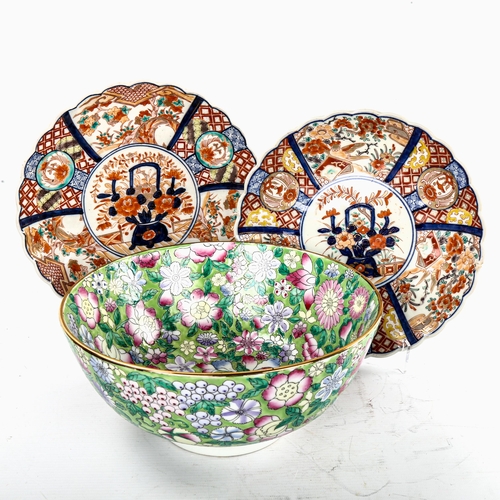 182 - A pair of Chinese Imari pattern plates, diameter 25cm, and a Chinese porcelain bowl with enamel flow... 