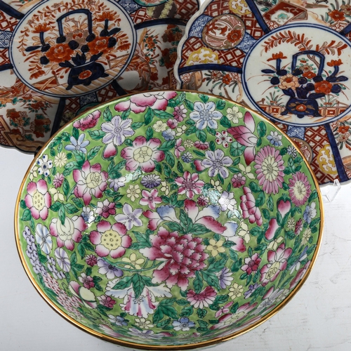 182 - A pair of Chinese Imari pattern plates, diameter 25cm, and a Chinese porcelain bowl with enamel flow... 