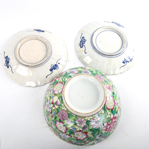 182 - A pair of Chinese Imari pattern plates, diameter 25cm, and a Chinese porcelain bowl with enamel flow... 