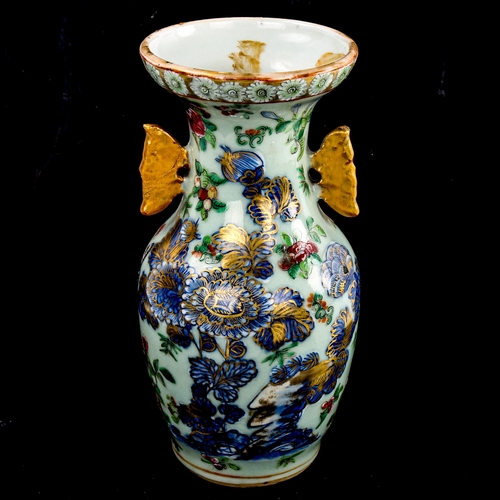 190 - A Chinese celadon porcelain vase, with painted and gilded decoration, height 21.5cm